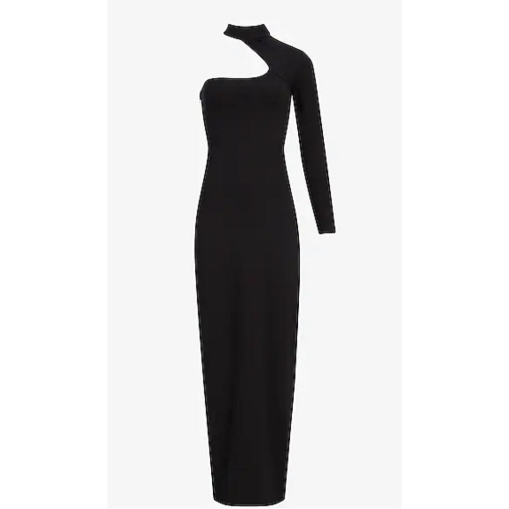 EXPRESS Asymmetrical Mock Neck One Shoulder
Maxi Sheath Dress Black XL. DAMAGED.